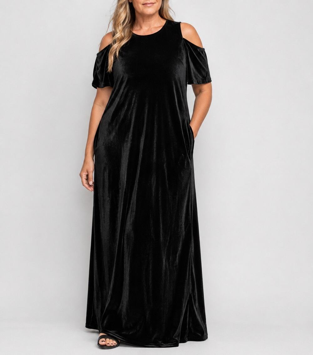 Catherines Black Velvet Maxi Dress Cold Shoulder Plus Size Formal Evening Dress